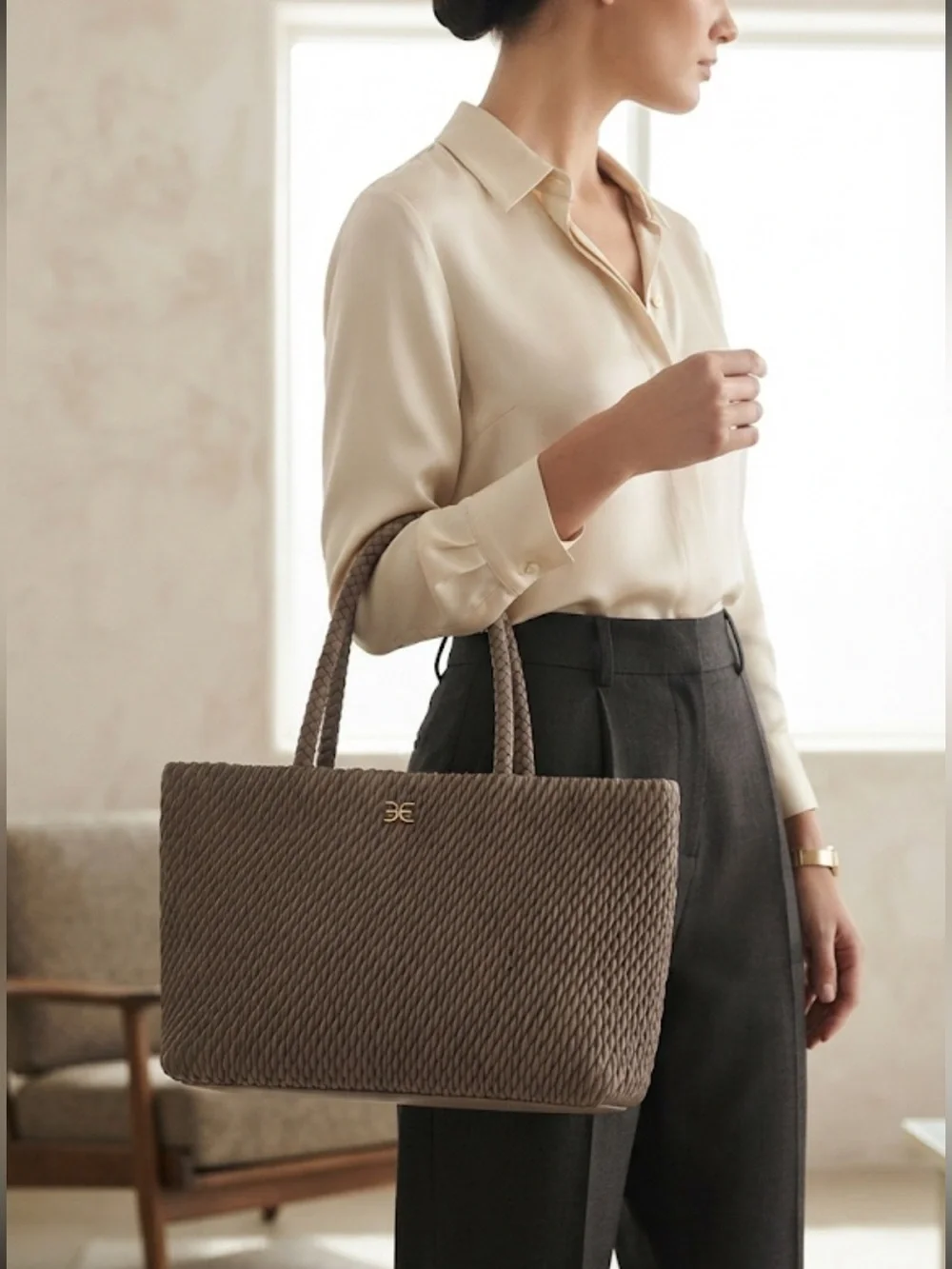 SAM EDELMAN Quilted Taupe Tote Bag
